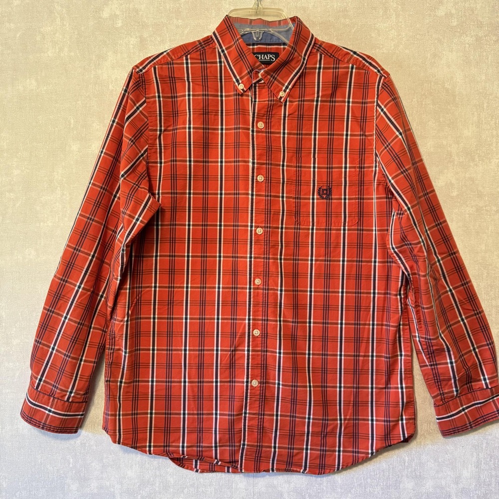 Chaps Shirt Mens Medium Red Plaid Button Down Long Sleeve Stretch Easy Care